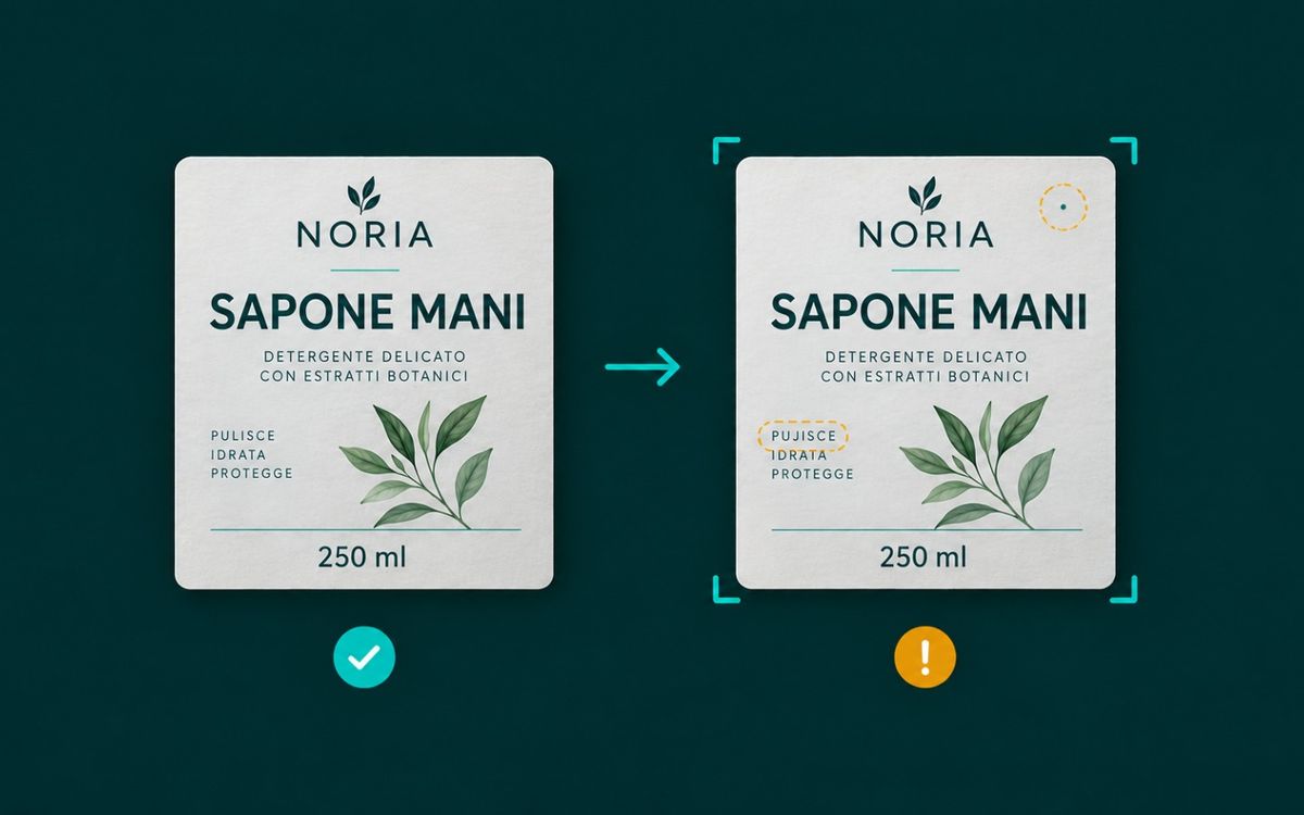 Illustrazione: a sinistra il file grafico approvato di un'etichetta, a destra l'etichetta stampata con la differenza nel testo segnalata.